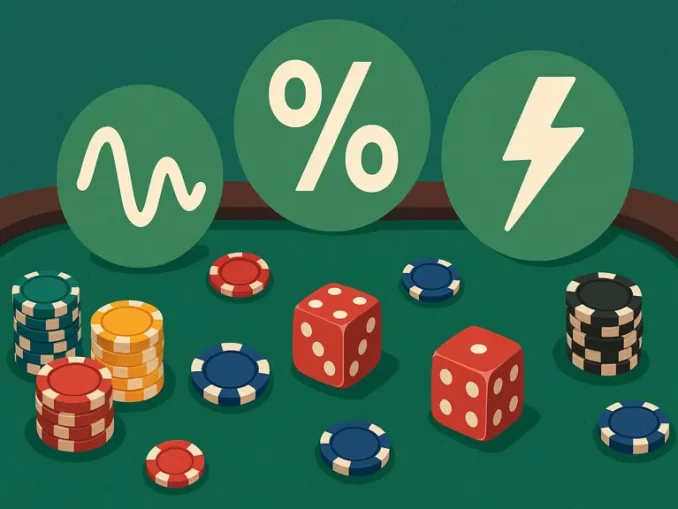 Illustrazione dall’alto di un tavolo verde da casinò con fiches e dadi, sovrapposti simboli grafici che rappresentano vantaggio, varianza e volatilità.