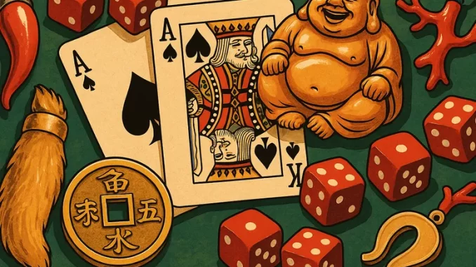 Amuleti, dadi, carte e simboli portafortuna usati nel gioco d’azzardo in diverse culture del mondo.