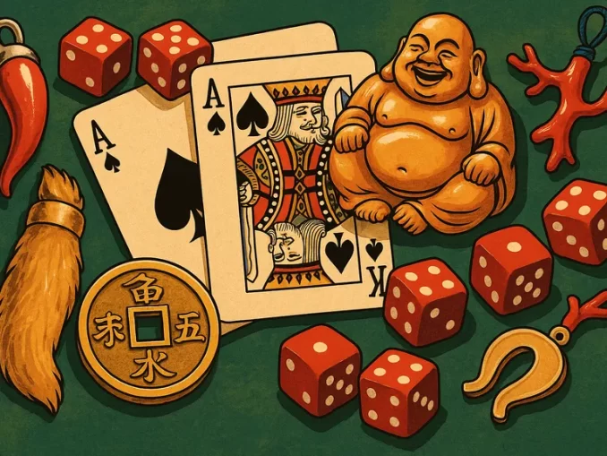 Amuleti, dadi, carte e simboli portafortuna usati nel gioco d’azzardo in diverse culture del mondo.
