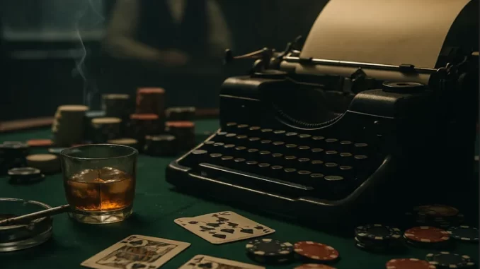 casino_letteratura_noir Illustrazione noir di un tavolo da casinò con macchina da scrivere, fiches e carte, simbolo dell’incontro tra gioco e letteratura