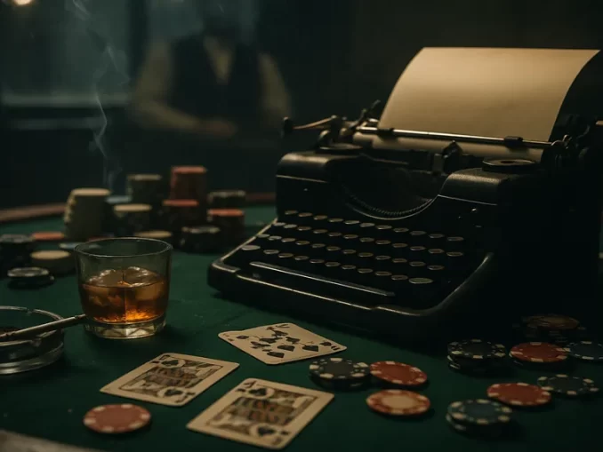 Illustrazione noir di un tavolo da casinò con macchina da scrivere, fiches e carte, simbolo dell’incontro tra gioco e letteratura