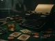 Illustrazione noir di un tavolo da casinò con macchina da scrivere, fiches e carte, simbolo dell’incontro tra gioco e letteratura