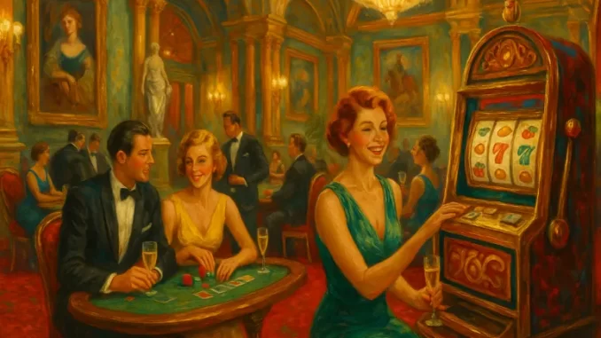 Interno di casinò di lusso con opere d’arte e installazioni spettacolari, tra sculture e decorazioni architettoniche.