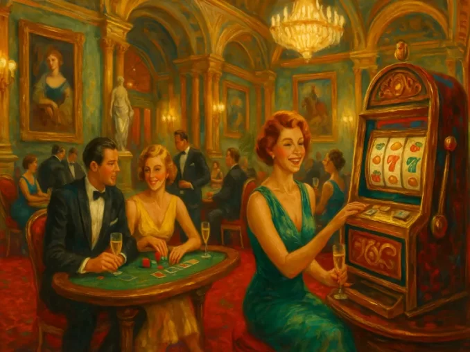 Interno di casinò di lusso con opere d’arte e installazioni spettacolari, tra sculture e decorazioni architettoniche.