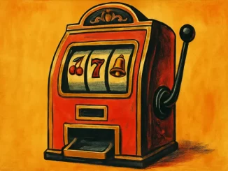 Slot machine vintage in stile retrò con simboli classici come ciliegie, 7 e campanella, su sfondo giallo ocra.