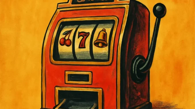 slot-vintage Slot machine vintage in stile retrò con simboli classici come ciliegie, 7 e campanella, su sfondo giallo ocra.