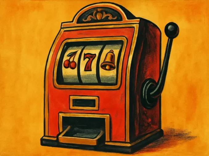 Slot machine vintage in stile retrò con simboli classici come ciliegie, 7 e campanella, su sfondo giallo ocra.