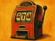 Slot machine vintage in stile retrò con simboli classici come ciliegie, 7 e campanella, su sfondo giallo ocra.