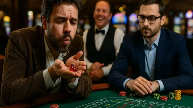 Giocatore superstizioso che soffia sui dadi al tavolo da craps, accanto a un giocatore calcolatore e con croupier sorridente sullo sfondo