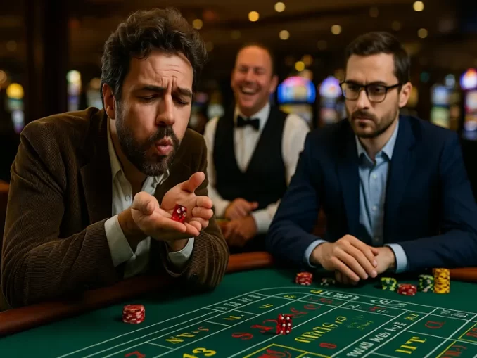 Giocatore superstizioso che soffia sui dadi al tavolo da craps, accanto a un giocatore calcolatore e con croupier sorridente sullo sfondo