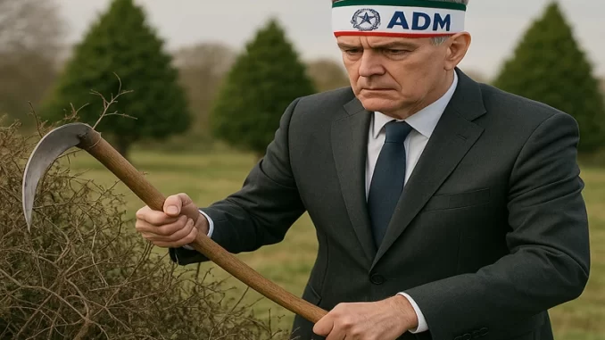 ADM-tristo-potatore Uomo in giacca grigia con fascia dell’ADM sulla testa che pota cespugli disordinati rappresentanti i casinò online italiani, lasciando pochi cespugli ben curati in un prato verde, simbolo della riduzione delle licenze da 407 a 52.