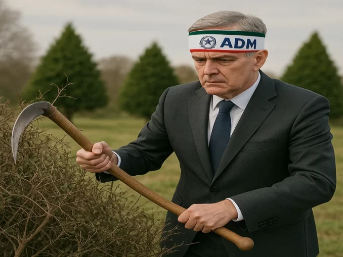 Uomo in giacca grigia con fascia dell’ADM sulla testa che pota cespugli disordinati rappresentanti i casinò online italiani, lasciando pochi cespugli ben curati in un prato verde, simbolo della riduzione delle licenze da 407 a 52.