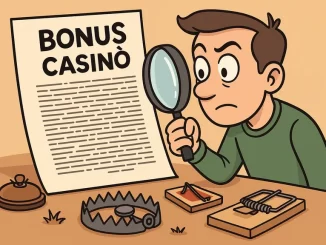 Giocatore osserva con una lente d’ingrandimento un contratto “Bonus Casinò” circondato da trappole, simbolo dei rischi nascosti nei requisiti di scommessa.
