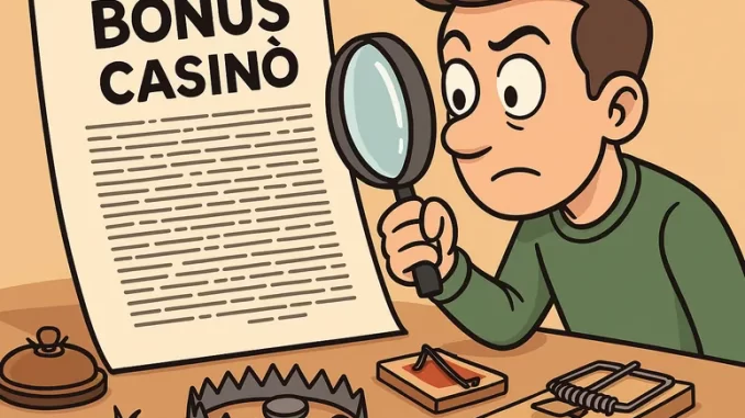 Giocatore osserva con una lente d’ingrandimento un contratto “Bonus Casinò” circondato da trappole, simbolo dei rischi nascosti nei requisiti di scommessa.