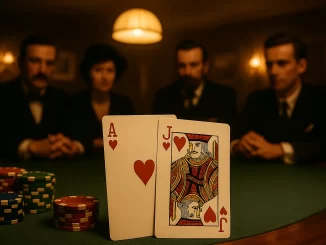 Tavolo da gioco elegante illuminato da luci calde, con asso e jack di cuori e fiches colorate. Sullo sfondo, atmosfera di club inglese vintage con giocatori in abiti d’epoca.