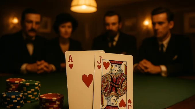 pontoon-storia Tavolo da gioco elegante illuminato da luci calde, con asso e jack di cuori e fiches colorate. Sullo sfondo, atmosfera di club inglese vintage con giocatori in abiti d’epoca.