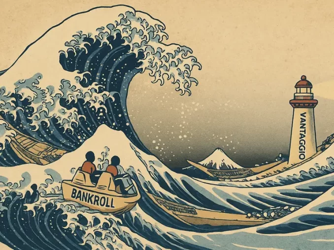 Illustrazione in stile Hokusai con un pedalò che affronta un’enorme onda etichettata “varianza” e un faro con la scritta “vantaggio”.
