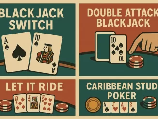 Illustrazione vintage che mostra quattro varianti di giochi da tavolo del casinò: Blackjack Switch, Double Attack Blackjack, Let It Ride e Caribbean Stud Poker, ognuno rappresentato con carte e fiches.