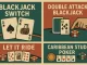 Illustrazione vintage che mostra quattro varianti di giochi da tavolo del casinò: Blackjack Switch, Double Attack Blackjack, Let It Ride e Caribbean Stud Poker, ognuno rappresentato con carte e fiches.