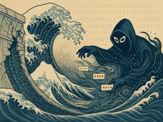 Illustrazione in stile Hokusai: una diga digitale che cede genera onde di codice binario mentre una figura hacker oscura afferra frammenti di password trasportati dalla corrente.