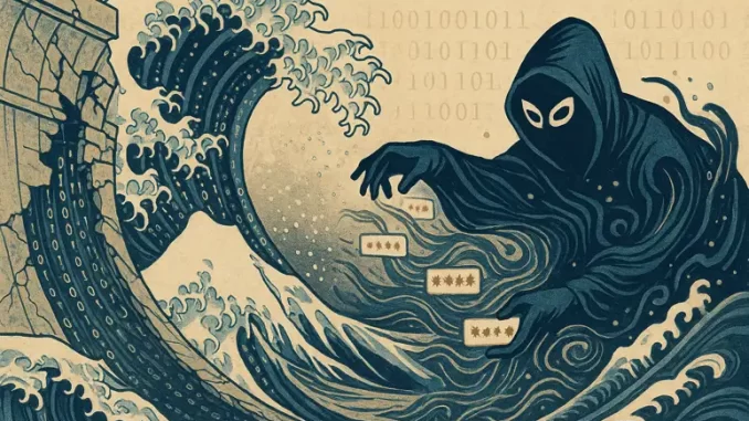 Illustrazione in stile Hokusai: una diga digitale che cede genera onde di codice binario mentre una figura hacker oscura afferra frammenti di password trasportati dalla corrente.
