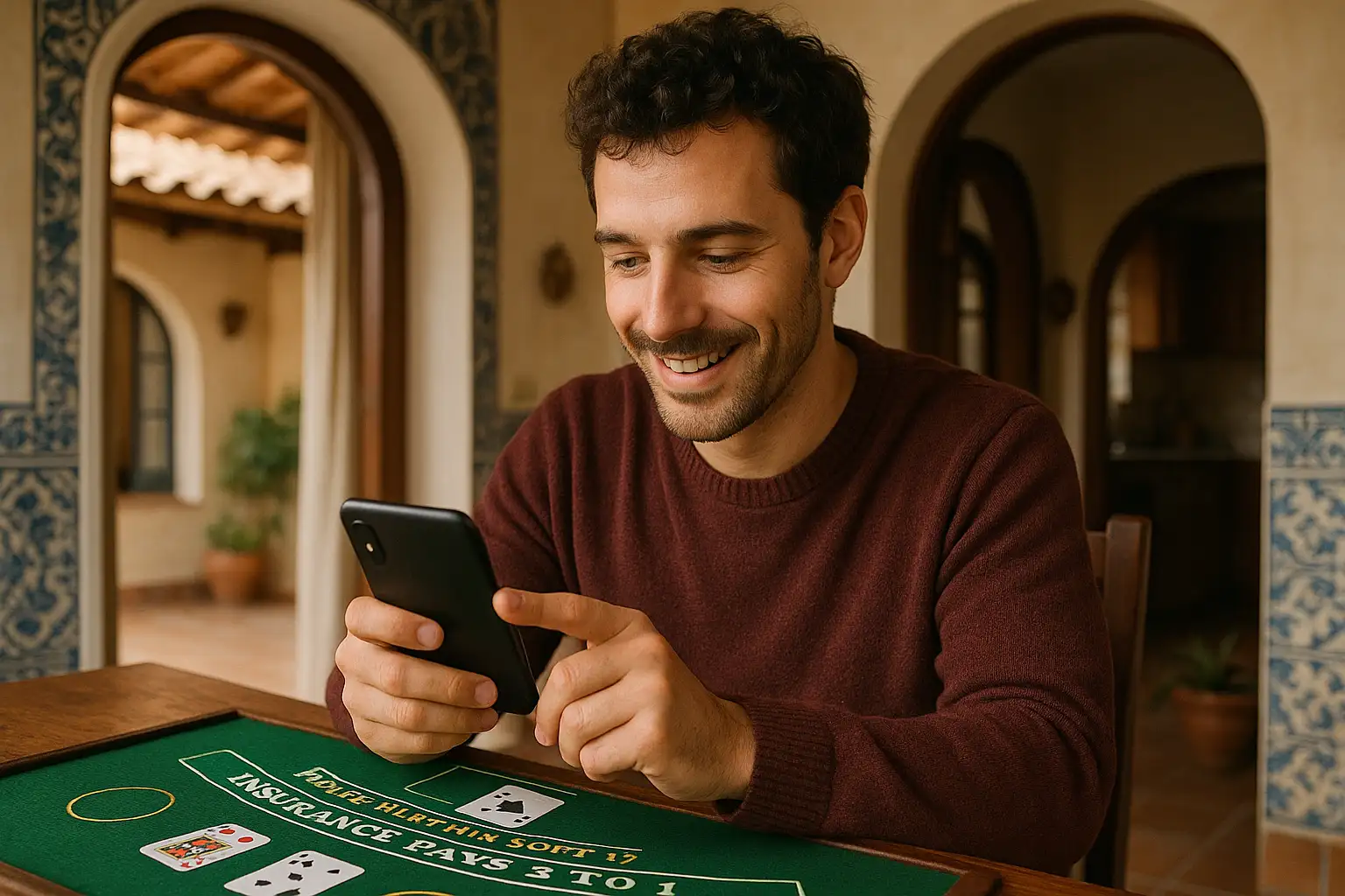 Jogador português numa sala típica, a jogar blackjack online no telemóvel sobre uma mesa improvisada.