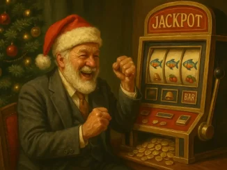 Uomo anziano elegante, in stile petroliere, che gioca a una slot machine in un casinò addobbato per Natale mentre ottiene una grossa vincita.