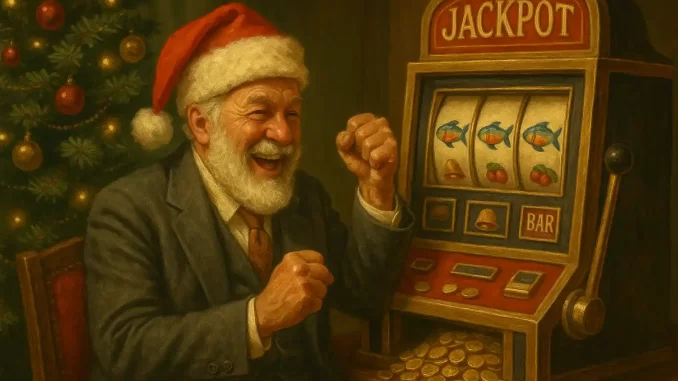Uomo anziano elegante, in stile petroliere, che gioca a una slot machine in un casinò addobbato per Natale mentre ottiene una grossa vincita.