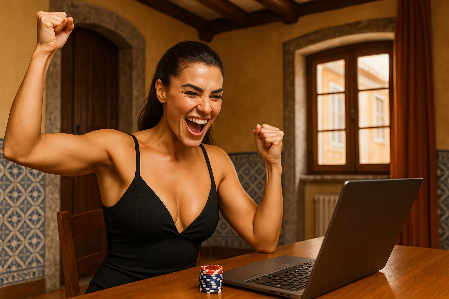 Mulher portuguesa a celebrar uma vitória num casino online numa casa típica de Lisboa com azulejos.