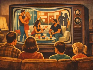 Illustrazione in stile vintage di una famiglia seduta davanti a una TV a tubo catodico, mentre sullo schermo appare una scena generica da reality show.