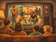 Illustrazione in stile vintage di una famiglia seduta davanti a una TV a tubo catodico, mentre sullo schermo appare una scena generica da reality show.