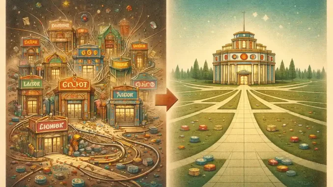 Illustrazione simbolica in stile vintage che rappresenta un sistema complesso di casinò online che diventa più semplice e lineare.