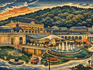 Casinò di Baden-Baden reinterpretato in stile Hokusai, meta europea elegante per un viaggio a tema casinò