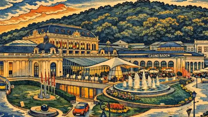 Casinò di Baden-Baden reinterpretato in stile Hokusai, meta europea elegante per un viaggio a tema casinò
