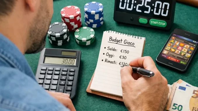 Giocatore che gestisce il budget di gioco con calcolatrice, timer e fiches sul tavolo