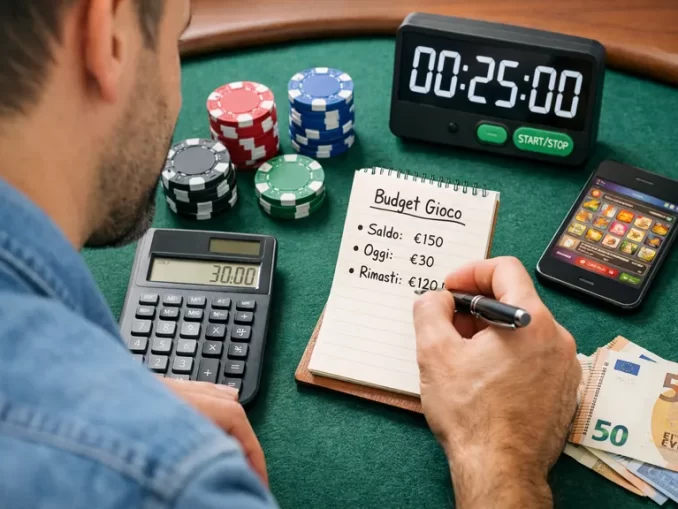 Giocatore che gestisce il budget di gioco con calcolatrice, timer e fiches sul tavolo