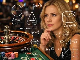 Giocatrice alla roulette che osserva il tavolo mentre formule matematiche rappresentano i metodi di puntata