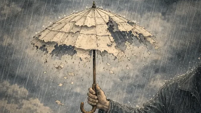 Ombrello di carta che si disintegra sotto la pioggia, metafora di una tutela fragile e inefficace