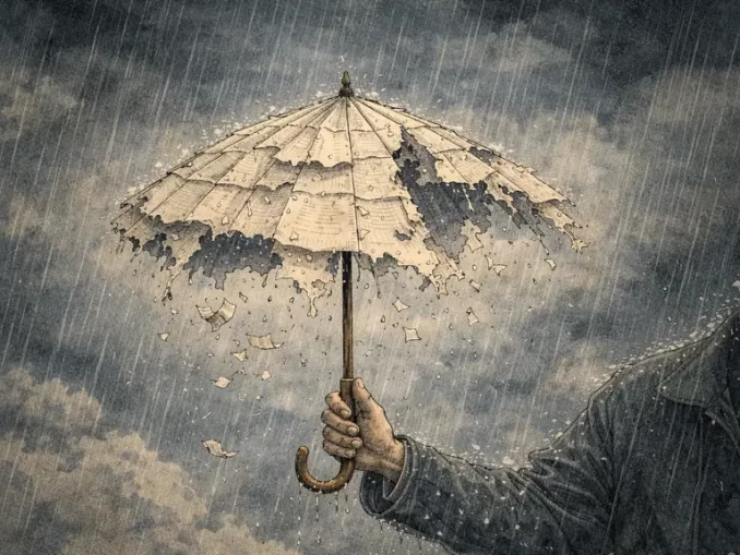 Ombrello di carta che si disintegra sotto la pioggia, metafora di una tutela fragile e inefficace