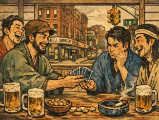 Quattro amici giocano a carte in un appartamento dell’East Village, con birre, noccioline e uno che passa carte coperte sorridendo mentre l’altro lo guarda dubbioso.