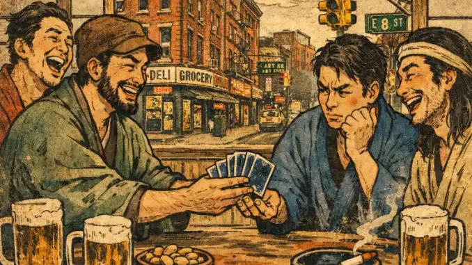 Quattro amici giocano a carte in un appartamento dell’East Village, con birre, noccioline e uno che passa carte coperte sorridendo mentre l’altro lo guarda dubbioso.