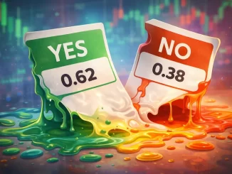 Contratti Yes e No che si sciolgono come carte da gioco su sfondo di grafico finanziario, simbolo dei prediction market