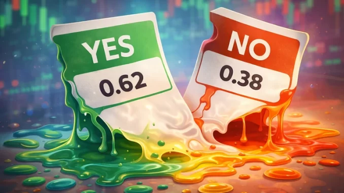 Contratti Yes e No che si sciolgono come carte da gioco su sfondo di grafico finanziario, simbolo dei prediction market