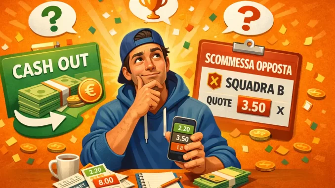 Scommettitore giovane e dubbioso valuta cash-out o copertura confrontando le quote tra bookmaker
