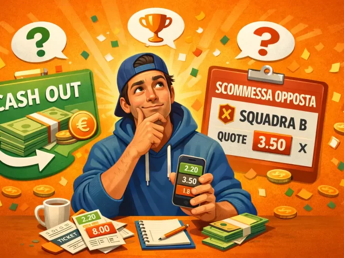 Scommettitore giovane e dubbioso valuta cash-out o copertura confrontando le quote tra bookmaker