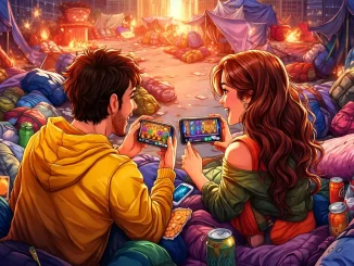 Due giovani giocano a una slot machine su smartphone mentre intorno a loro c’è una situazione di emergenza con tende e caos, una scena paradossale.