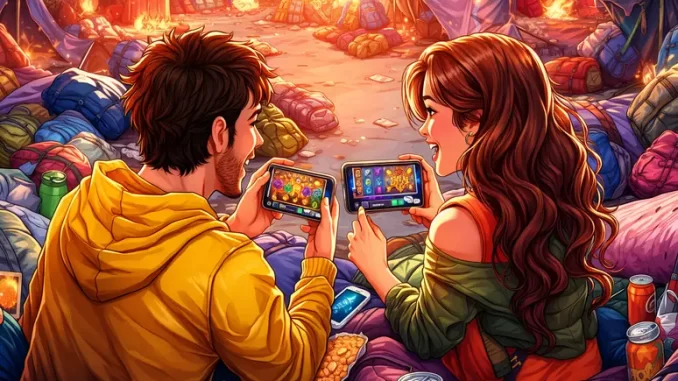 Due giovani giocano a una slot machine su smartphone mentre intorno a loro c’è una situazione di emergenza con tende e caos, una scena paradossale.