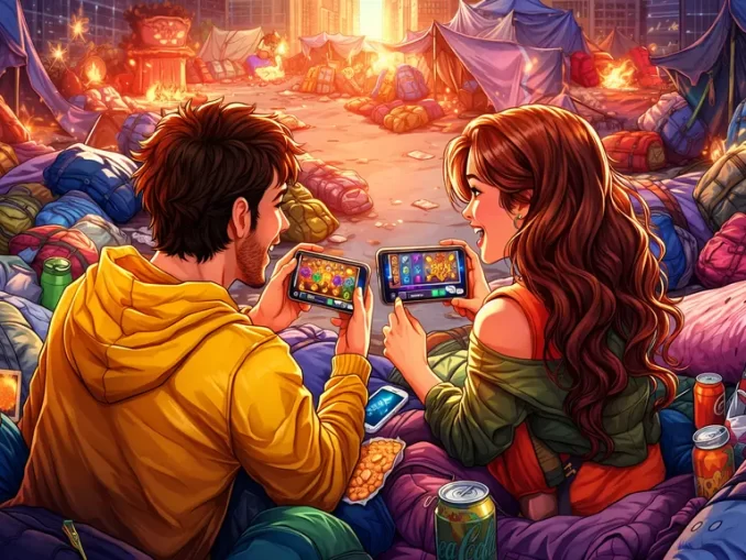 Due giovani giocano a una slot machine su smartphone mentre intorno a loro c’è una situazione di emergenza con tende e caos, una scena paradossale.