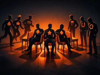 Illustrazione concettuale con uomini stilizzati che giocano alle sedie musicali in stile casinò, con pochi seduti e altri esclusi, a rappresentare la concentrazione del mercato