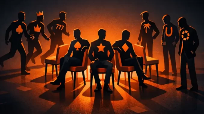 Illustrazione concettuale con uomini stilizzati che giocano alle sedie musicali in stile casinò, con pochi seduti e altri esclusi, a rappresentare la concentrazione del mercato